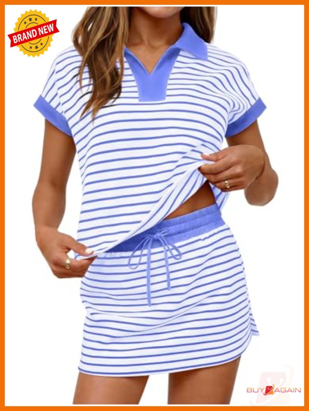 Women's Striped 2-Piece Polo Skort Set Elastic Waist Short Sleeve